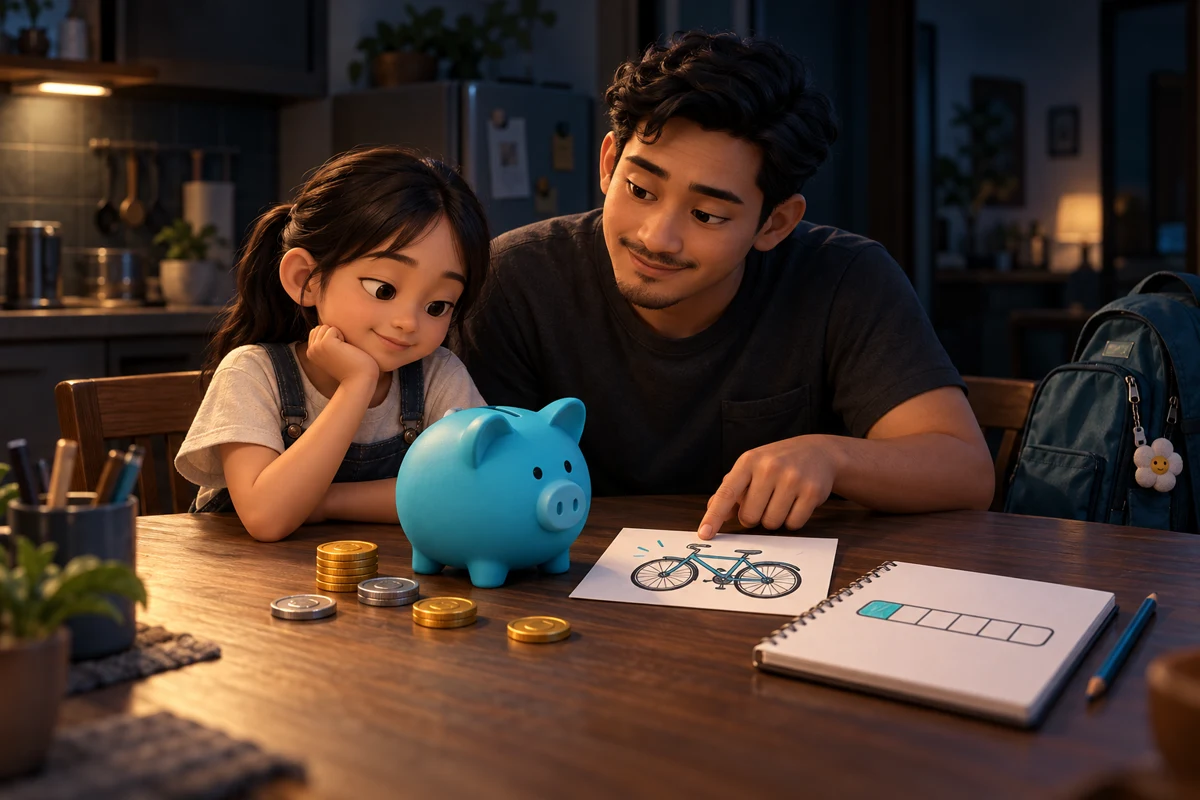 Editorial illustration for Mengajarkan Anak Menabung dan Memilih Belanja